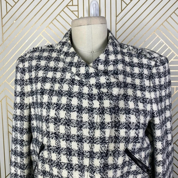 Zara Basic Checker Plaid Tweed Moto Jacket in Black & Cream Size US Medium - Picture 2 of 12